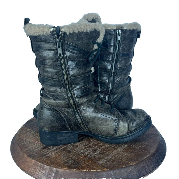 BORN Boots Women's Size 7.5 Zuniga Brown Distressed Leather Moto Winter Wool - Picture 5 of 14
